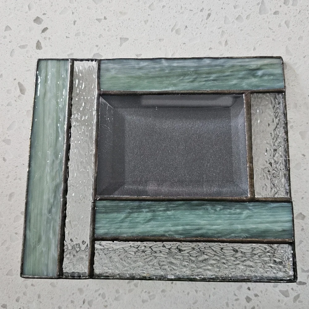 Vintage J. Devlin Stained Glass Jade Green and Silver Tone Metal Photo Frame